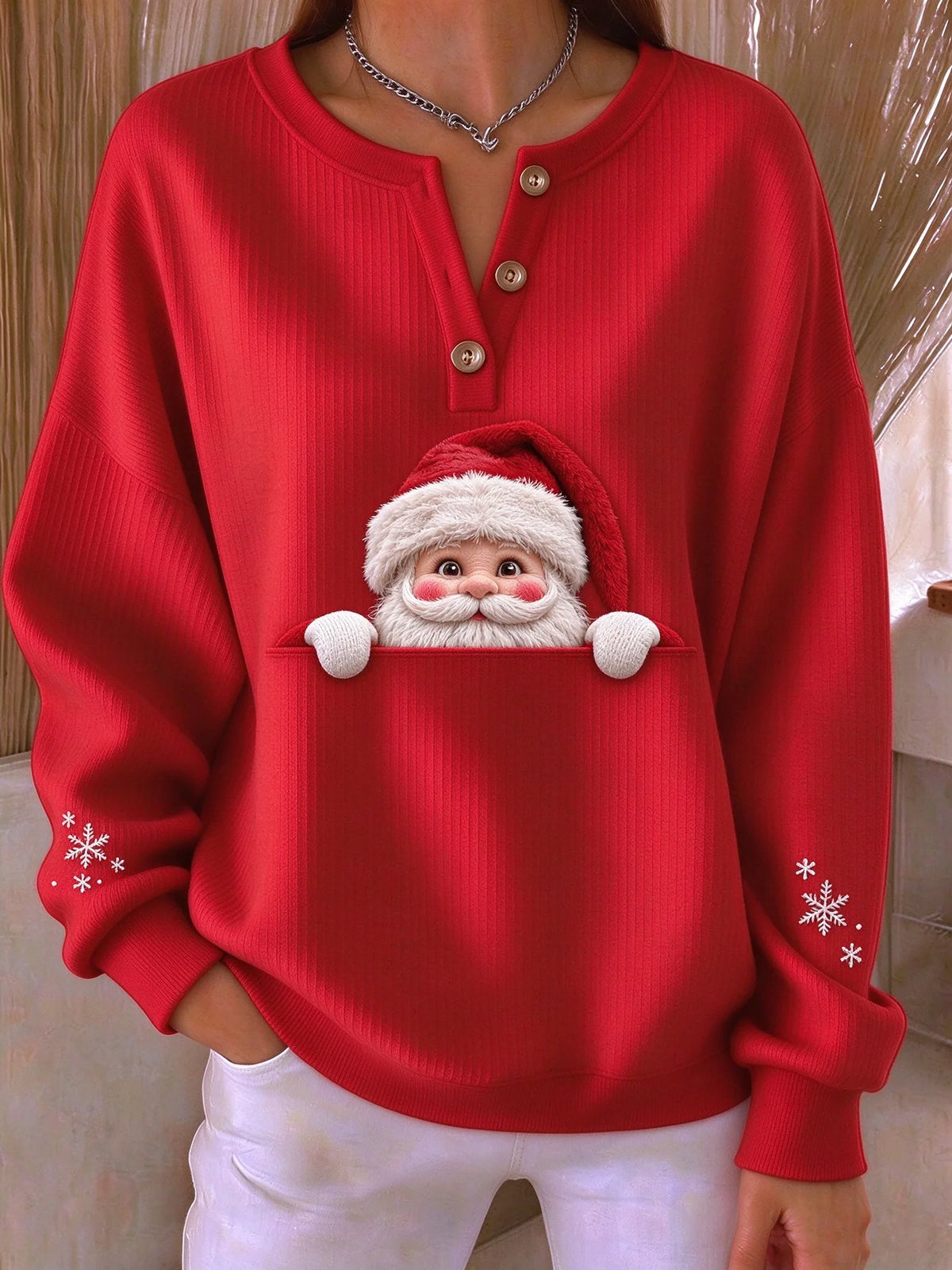 Casual Santa Claus Henley Collar Long Sleeve Sweatshirt