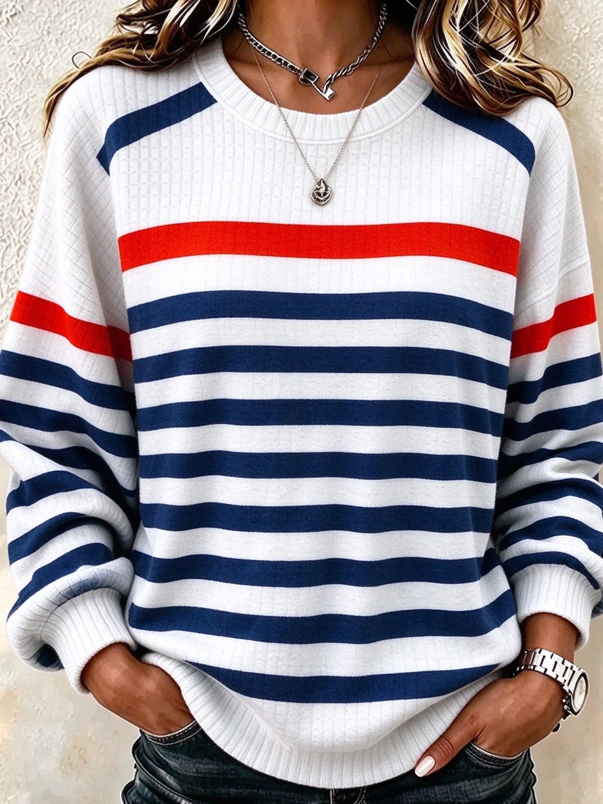 Casual Striped Crew Neck Long Sleeve Sweatshirt