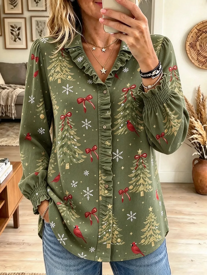 Women's Christmas Cardinal Tree Print Ruffle Shirt