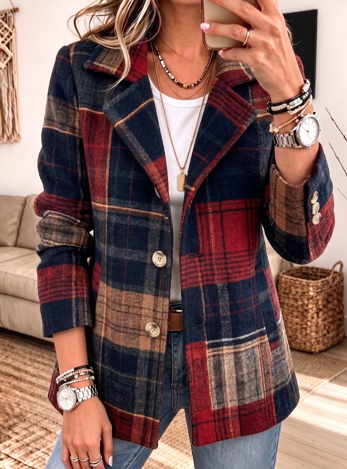 Women Plaid Blazer Notched Lapel Button Down Wool Blend Casual Jacket With Pockets