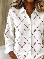 Women Christmas Casual Shirt Shirt Collar Long Sleeve Buckle Top