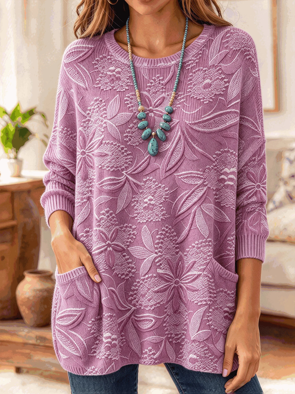Women Floral Long Sleeve Comfy Simple Sweater
