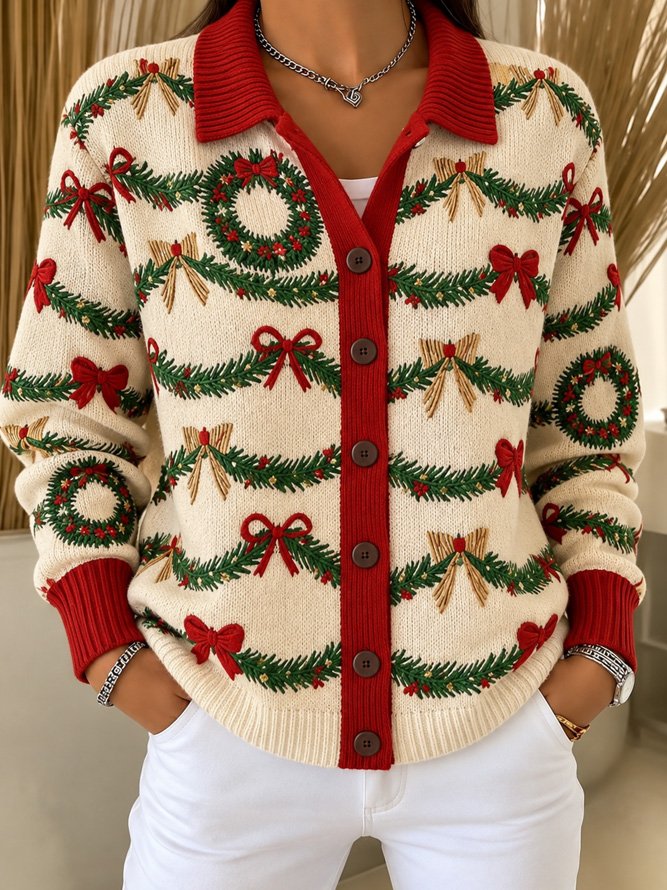 Christmas Casual Vintage Wreath Collared Cardigan