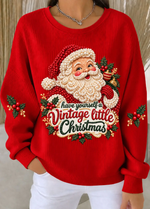 Women Christmas Santa Claus Ribbed Casual Round Neck Sweatshirt
