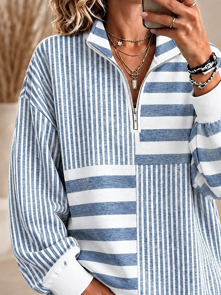 Casual Striped Shawl Collar Long Sleeve Sweatshirt