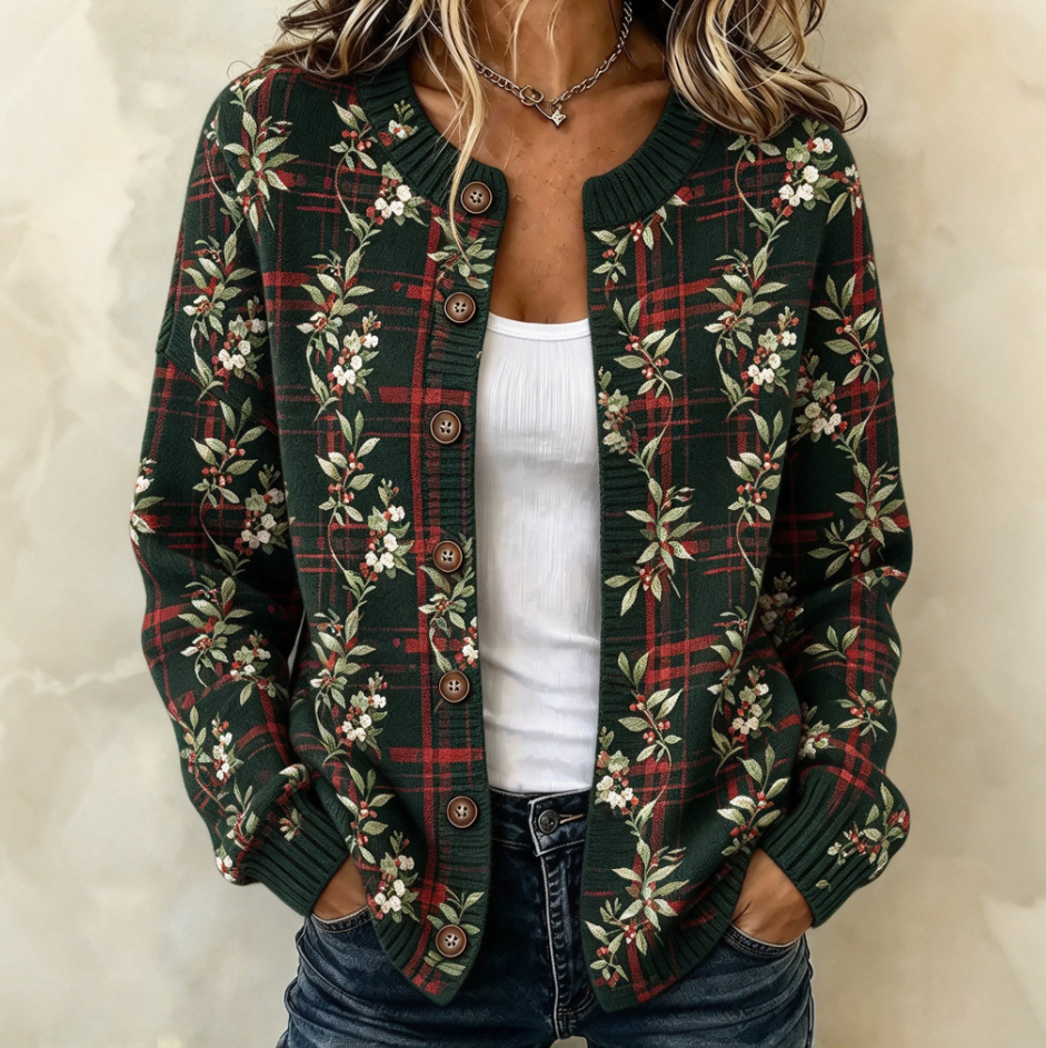 Women's Christmas Holly Leaf And Berry Plaid Print Knit Cardigan Sweater