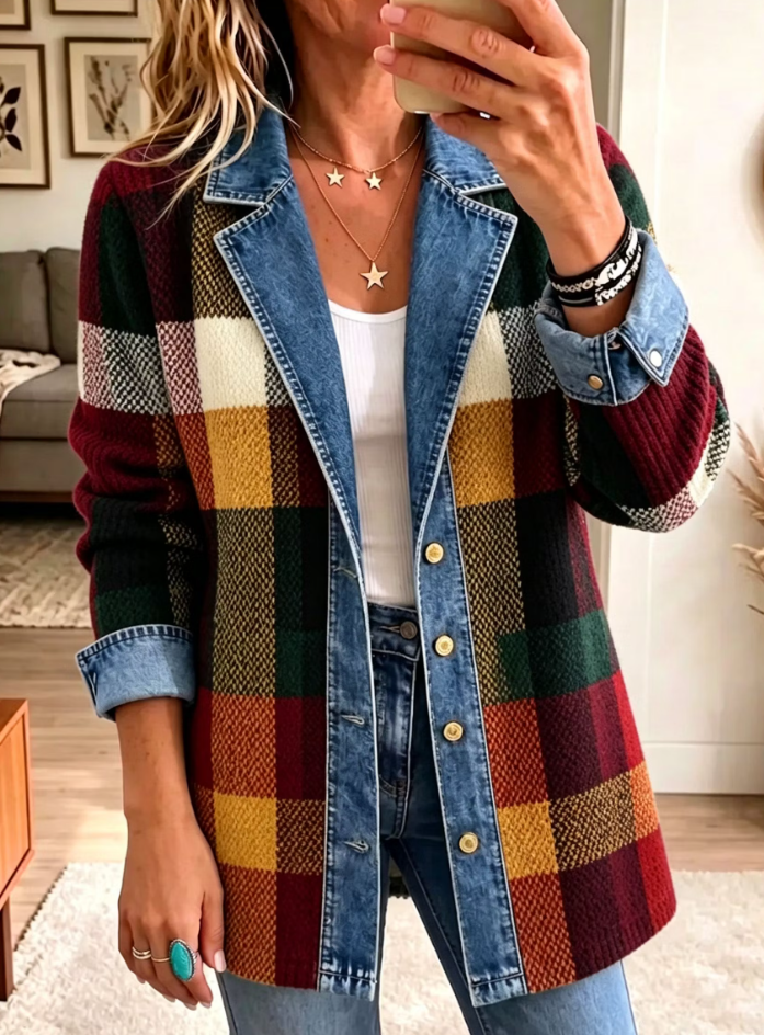 Autumn Color Block Plaid Denim Spliced Blazer Casual Jacket