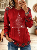 Women Plaid Trim Cable Knit Christmas Tree Sweater