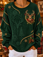 Women Casual Christmas Reindeer Print Waffle Knit Sweatshirt