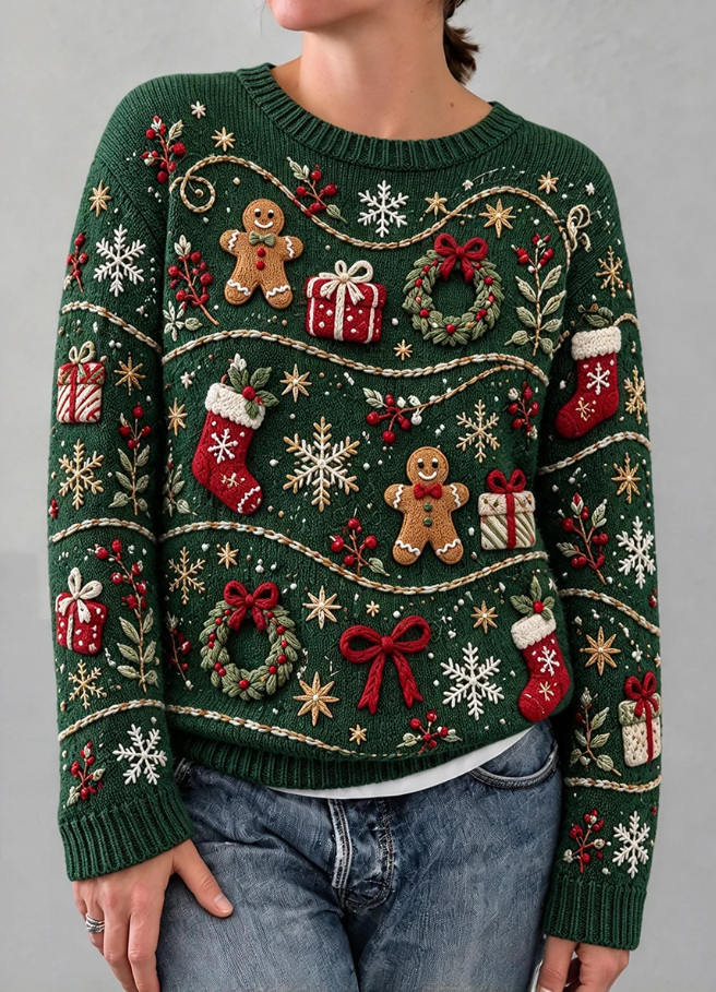 Women Vintage Christmas Gingerbread Man Print Cozy Sweater