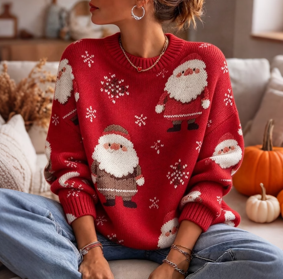 Women Playful Christmas Santa And Snowflake Print Crew Neck Sweater