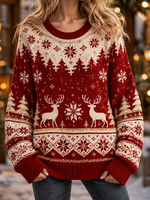 Women Cozy Christmas Reindeer And Snowflake Print Crew Neck Sweater