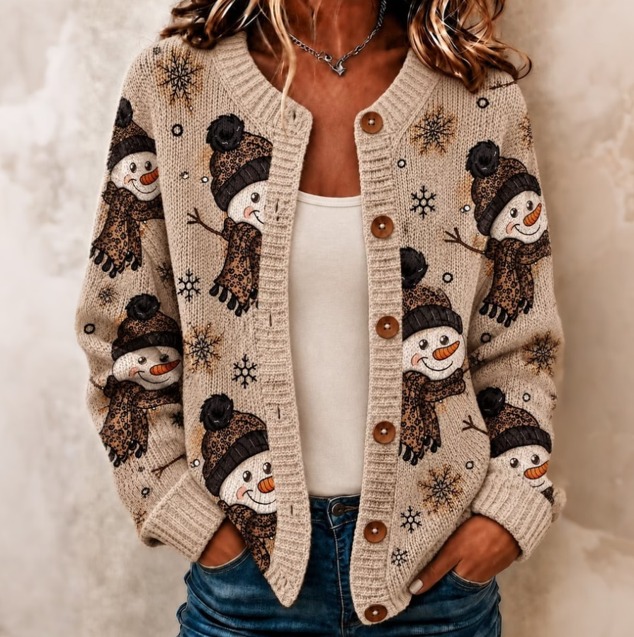 Women Vintage Christmas Snowman Knit Button Up Cardigan
