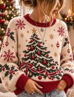 Women Christmas Tree Graphic Ribbed Crew Neck Casual Knit Sweater