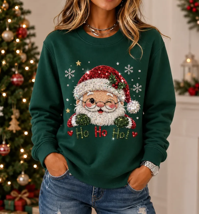 Women Casual Christmas Wink Santa Sweatshirt