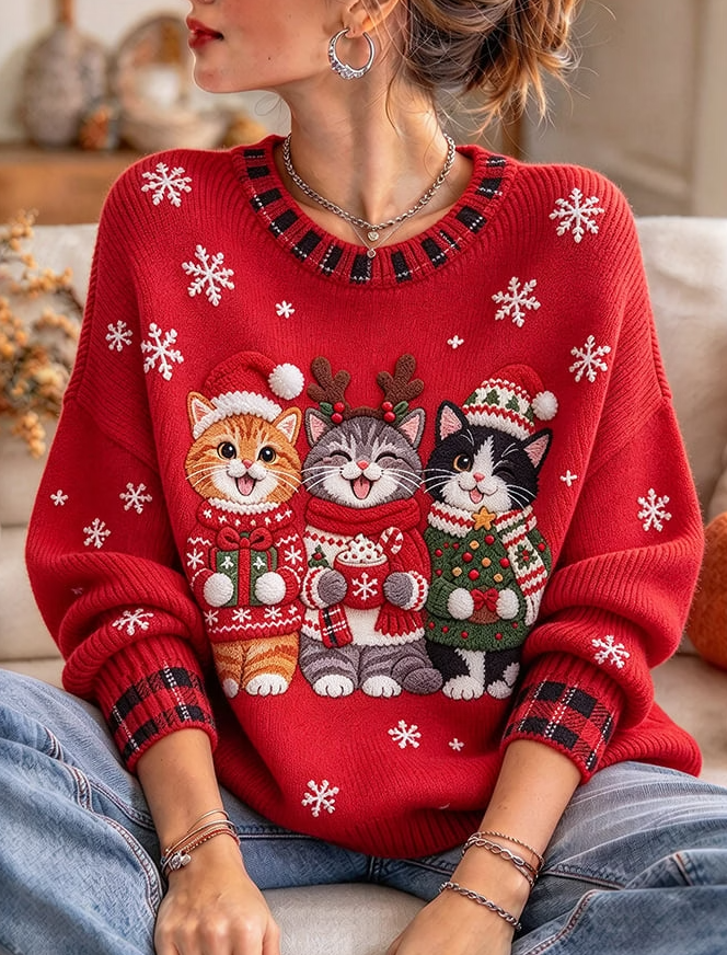 Women Casual Cute Christmas Cats Print Knit Sweater