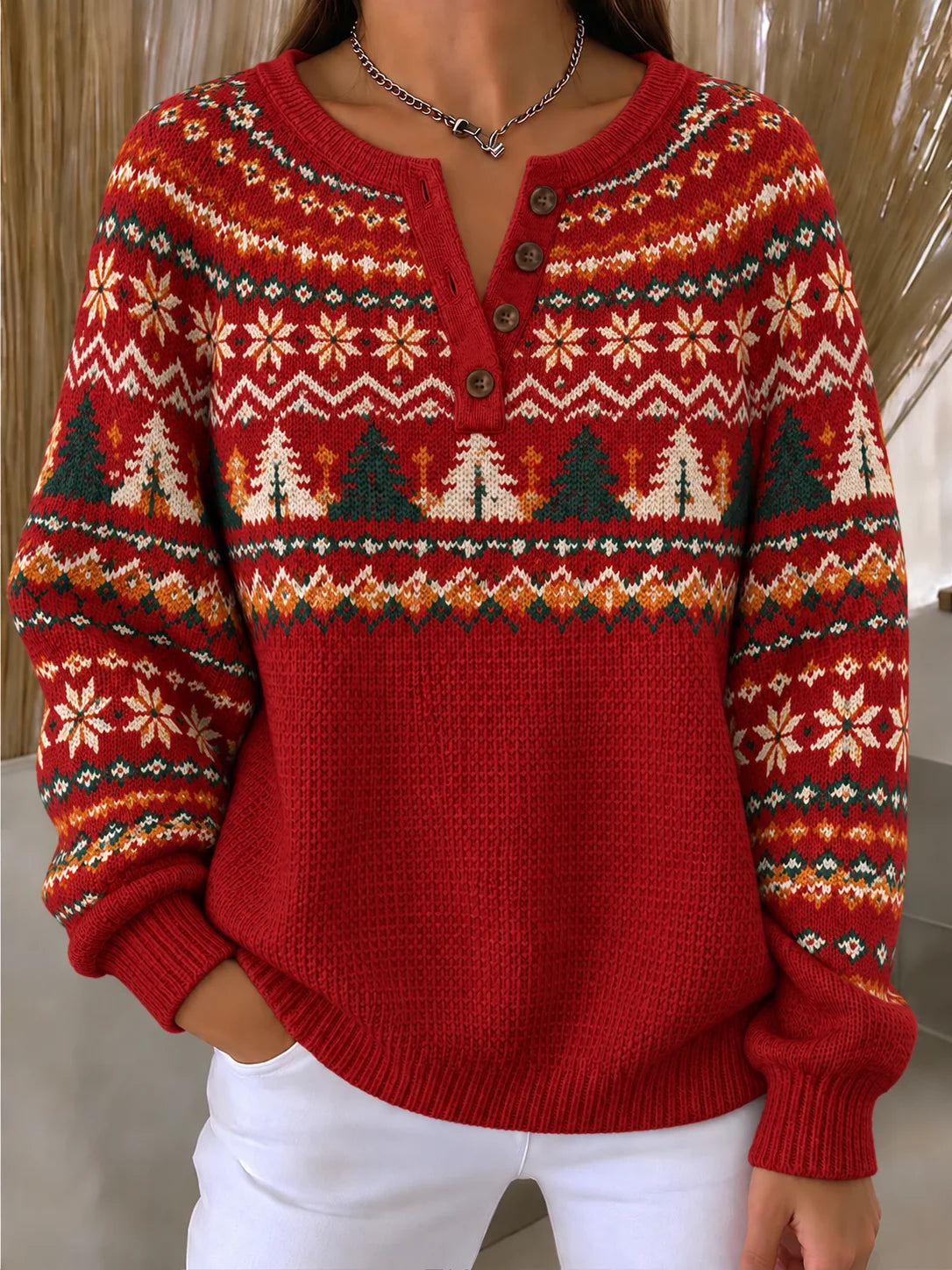 Casual Snowflake Henley Collar Long Sleeve Sweatshirt
