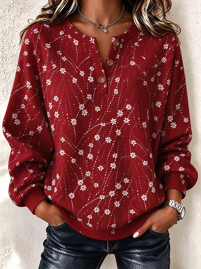 Casual Floral Henley Collar Daily Long Sleeve Sweatshirt