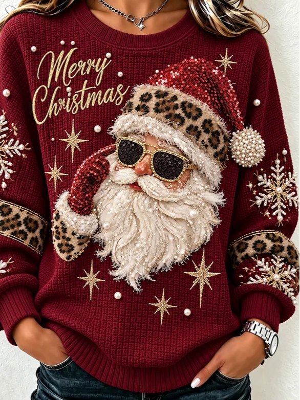 Casual Leopard Santa Claus Crew Neck Long Sleeve Sweatshirt