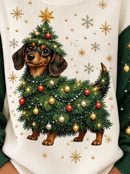Casual Christmas Dog Crew Neck Long Sleeve Sweatshirt