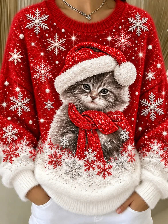 Casual Christmas Cat Crew Neck Long Sleeve Sweatshirt