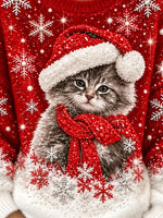 Casual Christmas Cat Crew Neck Long Sleeve Sweatshirt
