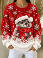 Casual Christmas Cat Crew Neck Long Sleeve Sweatshirt