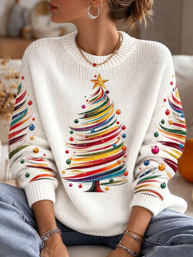 Women Colorful Art Christmas Tree Knit Sweater