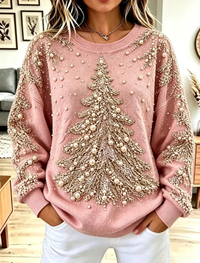 Women Casual Vintage Christmas Tree Pearl Pattern Art Stylish Long Sleeve Sweatshirt