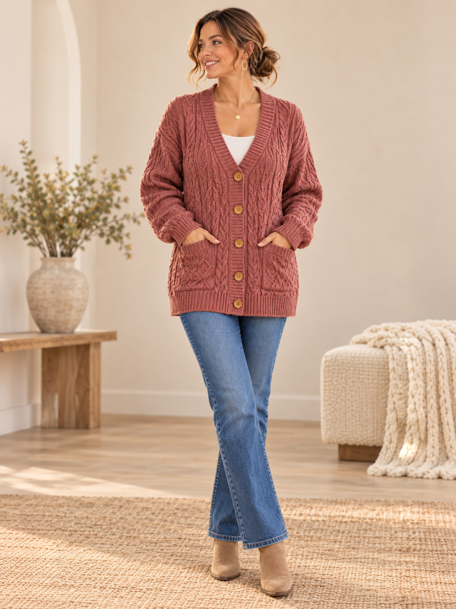 Cable Knit Button Front Pocket Cardigan