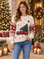 Beige Red Truck Christmas Tree Crew Neck Knit Sweater