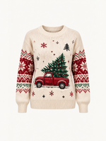 Beige Red Truck Christmas Tree Crew Neck Knit Sweater
