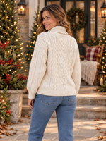 Women Cable Knit Turtleneck Sweater with Side Buttons