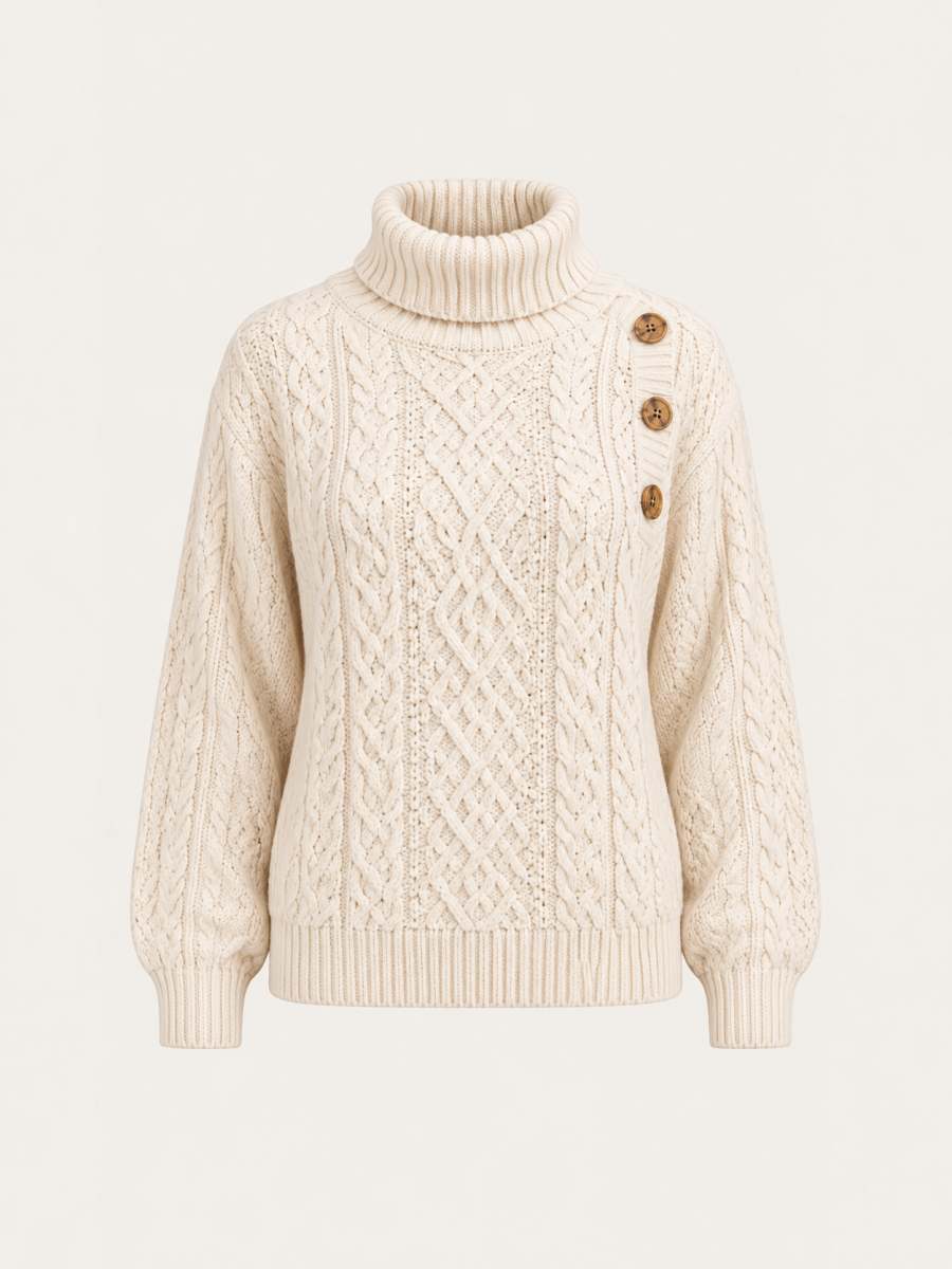 Women Cable Knit Turtleneck Sweater with Side Buttons