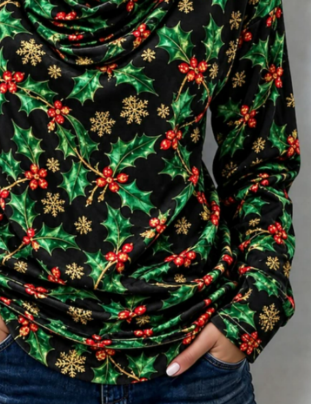 Women Christmas Vintage Blouse Halter Neck Long Sleeve Top