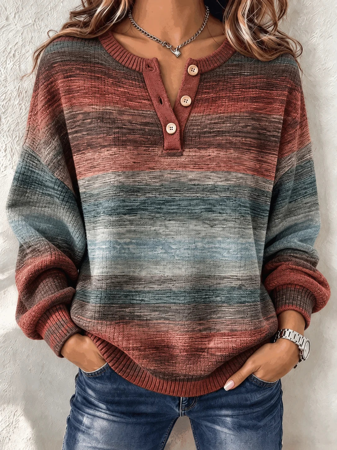 Casual Abstract Henley Collar Long Sleeve Sweatshirt