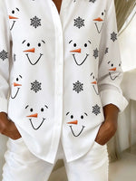 Women Christmas Snowman Casual Shirt Shirt Collar Long Sleeve Buckle Top