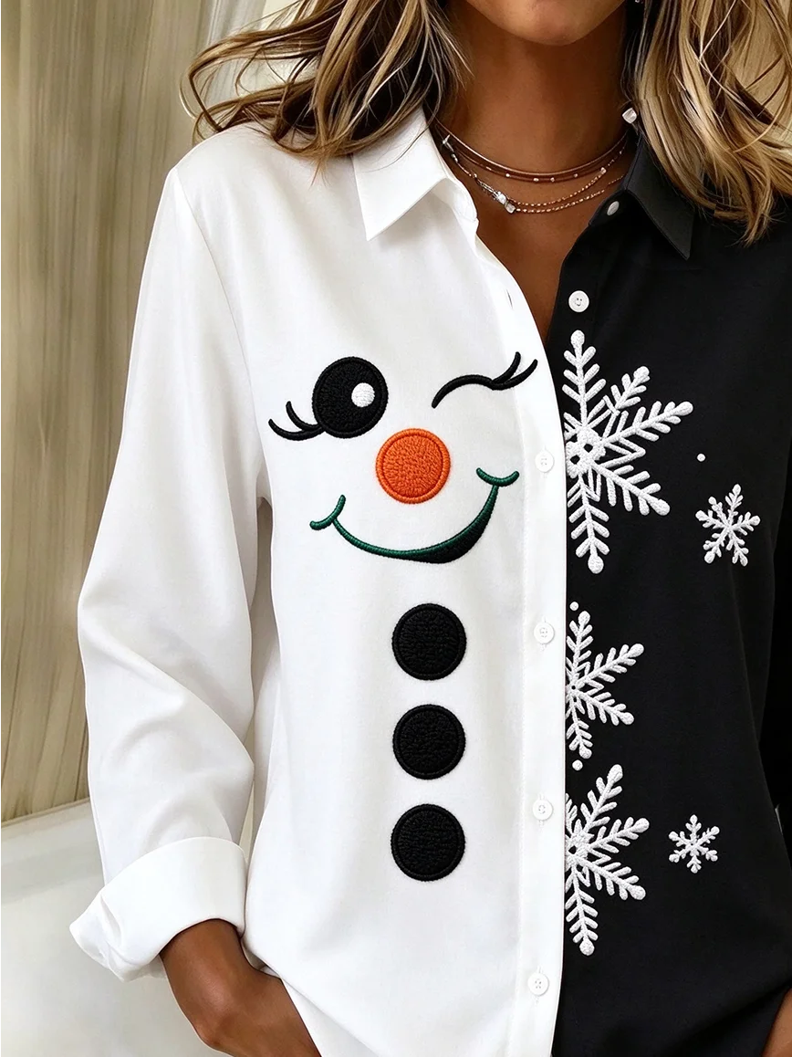 Women Christmas Snowman Casual Shirt Shirt Collar Long Sleeve Buckle Top