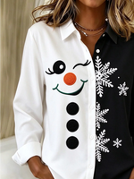 Women Christmas Snowman Casual Shirt Shirt Collar Long Sleeve Buckle Top