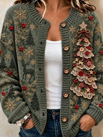 Women Christmas Elk Snowflake Long Sleeve Comfy Vintage Cardigan