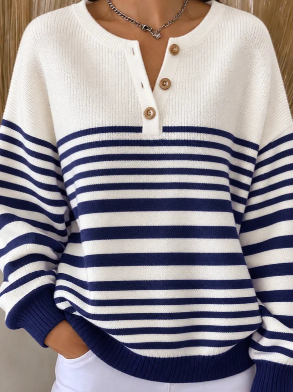 Casual Striped Henley Collar Relaxed Long Sleeve Sweatshirt