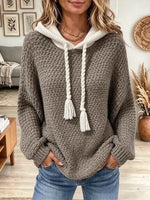 Women's Cozy Two Tone Tassel Drawstring Knit Hoodie