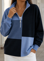Sporty Color Block Plaid Stand Collar Zip Sweatshirt