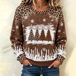 Women Leopard Print Snowflake Christmas Tree Crew Neck Sweatshirt
