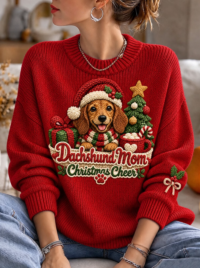 Women Christmas Dachshund Cheer Print Cozy Sweater