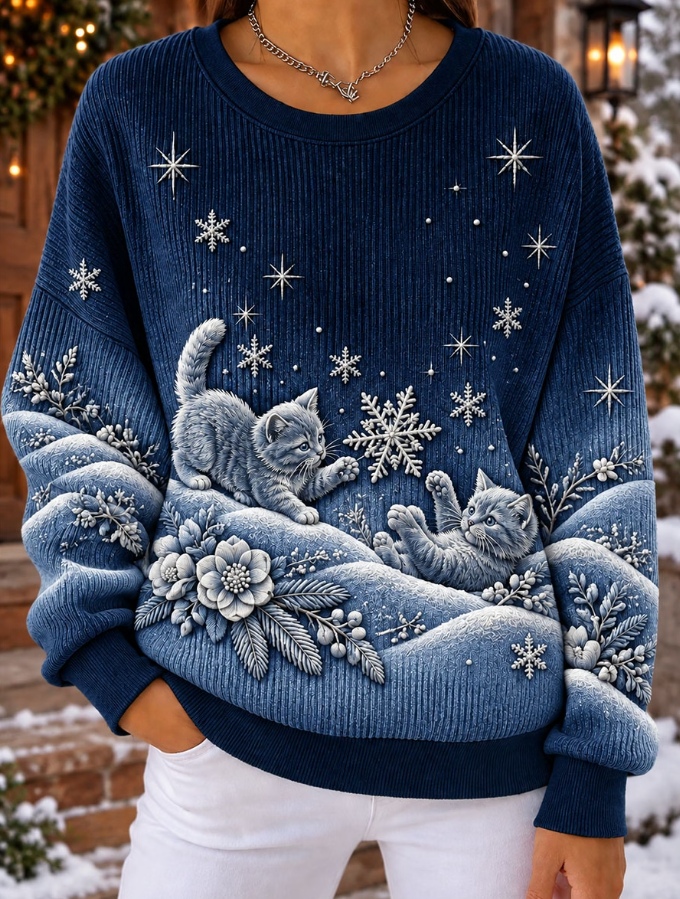 Women Snowy Kittens And Snowflake Long Sleeve Crew Neck Sweatshirt