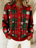 Women Retro Christmas Plaid Art Print Casual Cardigan