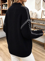 Casual Oversized Black Chunky Knit Sweater with Contrast Stitching