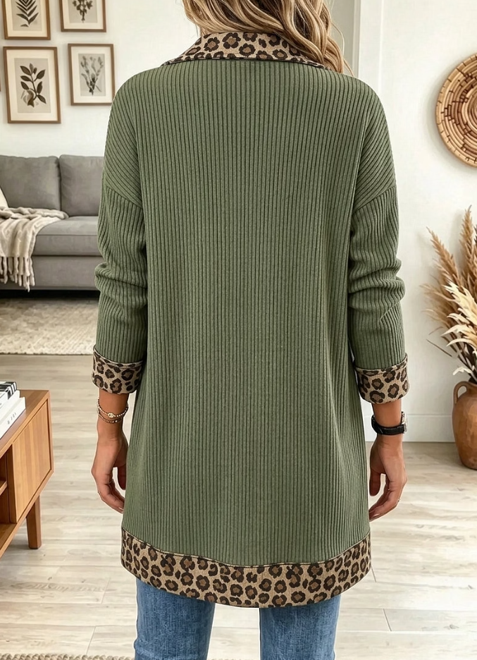 Women's Leopard Trim Lapel Ribbed Knit Cardigan