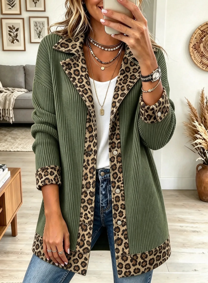 Women's Leopard Trim Lapel Ribbed Knit Cardigan